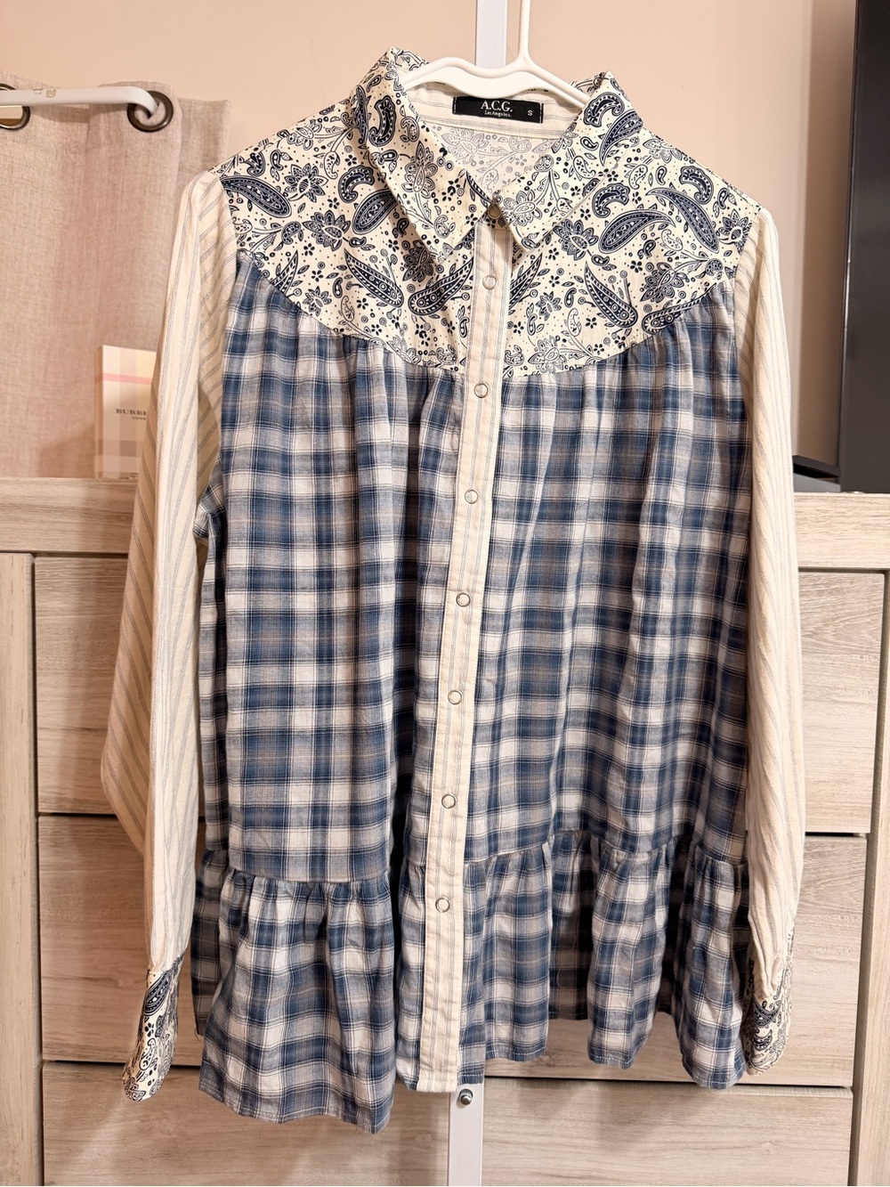 Blue Plaid Button-Front Blouse with Paisley Yoke